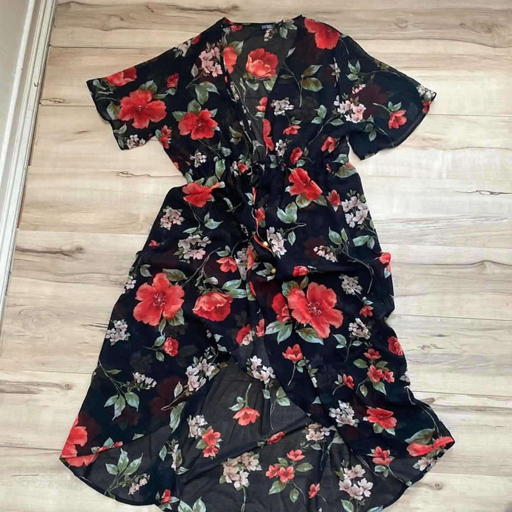 Cure. Womens L Black Sheer Robe With Floral Pattern. So Pretty. Adjusted Tie - Picture 8 of 11
